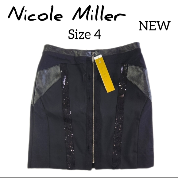NICOLE MILLER BLACK MINI SKIRT SIZE 4 SEQUIN LEATHER TRIM NEW WITH TAGS